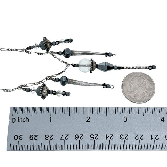 Vintage Sterling Silver 925 Quartz Hematite Crystal Dangle Bib Necklace 16" - Picture 2 of 4